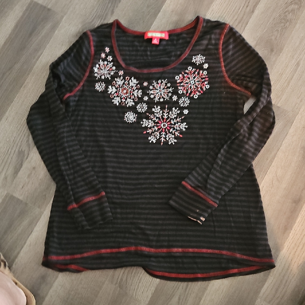 Women's Black Striped Long Sleeve Top with Snowflake Design